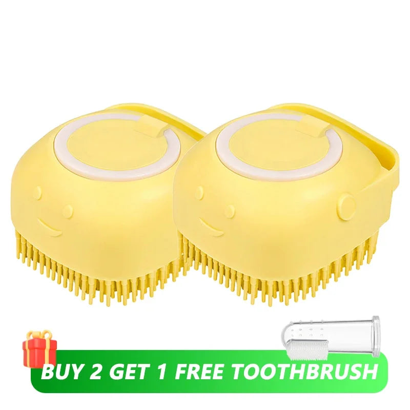 Dog & Cat Bath Brush 🛁🐶 Soft Silicone Grooming Brush + Shampoo Dispenser
