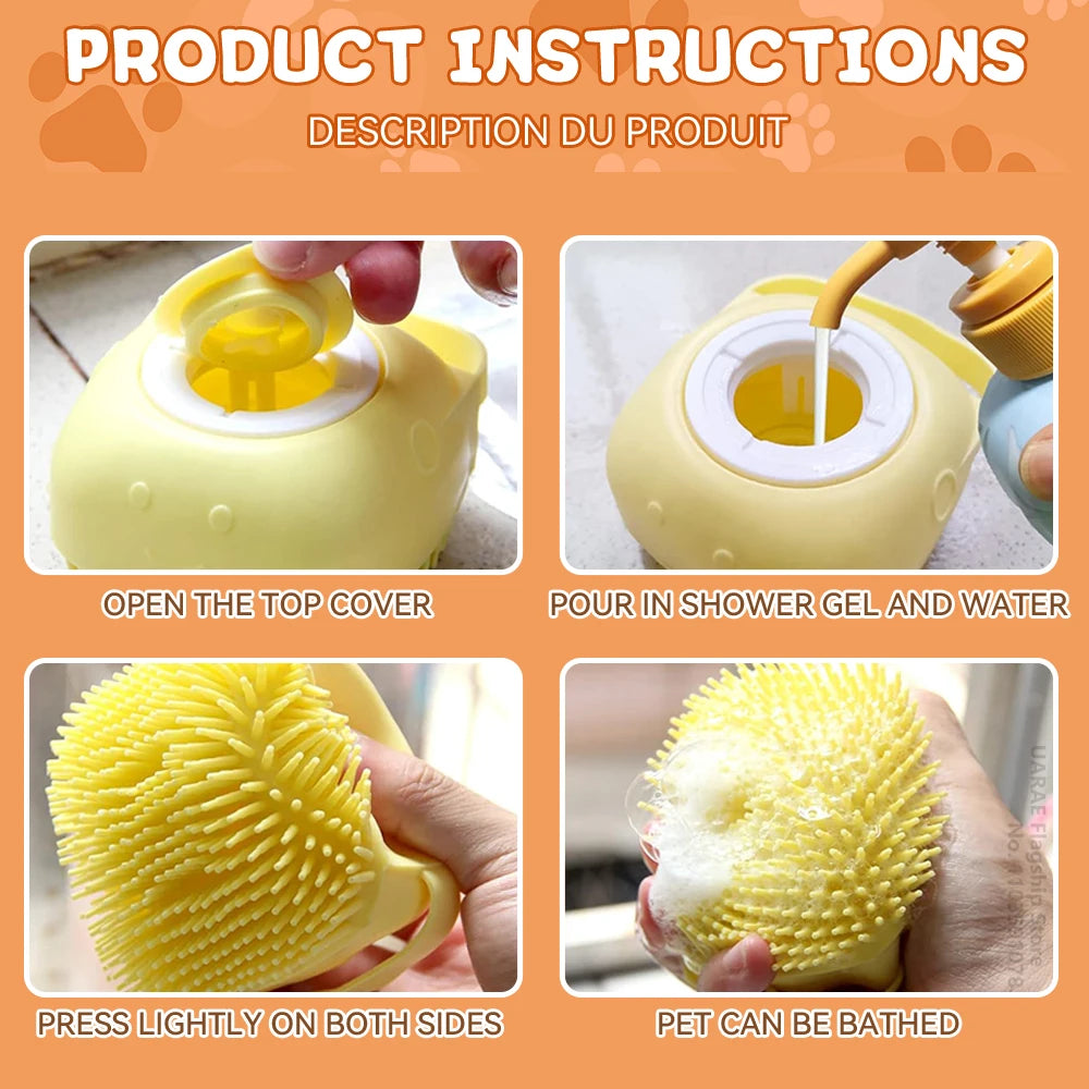 Dog & Cat Bath Brush 🛁🐶 Soft Silicone Grooming Brush + Shampoo Dispenser