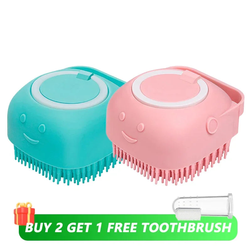 Dog & Cat Bath Brush 🛁🐶 Soft Silicone Grooming Brush + Shampoo Dispenser