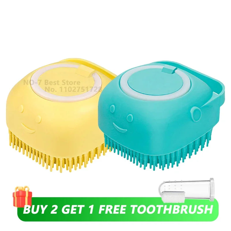 Dog & Cat Bath Brush 🛁🐶 Soft Silicone Grooming Brush + Shampoo Dispenser