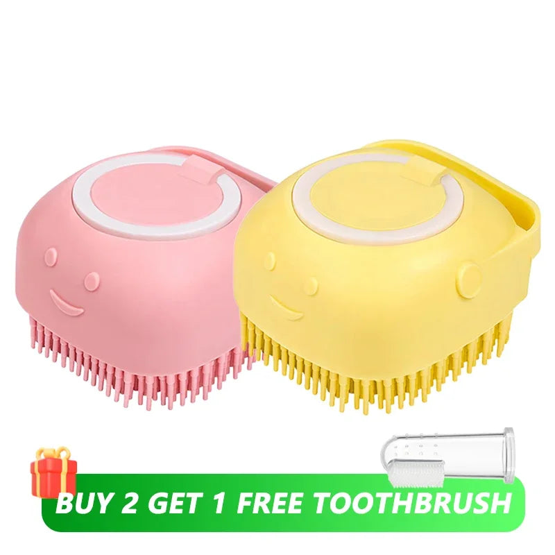 Dog & Cat Bath Brush 🛁🐶 Soft Silicone Grooming Brush + Shampoo Dispenser