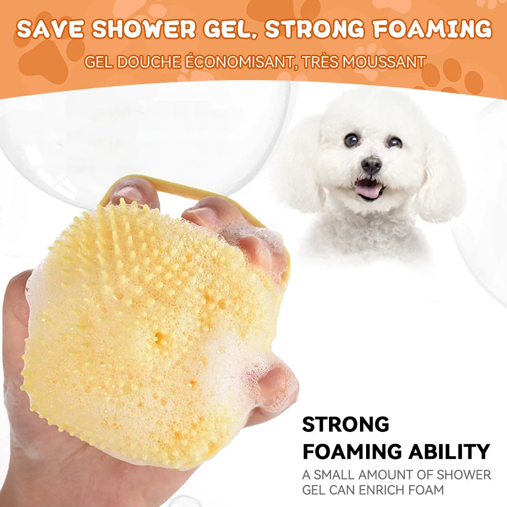 Dog & Cat Bath Brush 🛁🐶 Soft Silicone Grooming Brush + Shampoo Dispenser