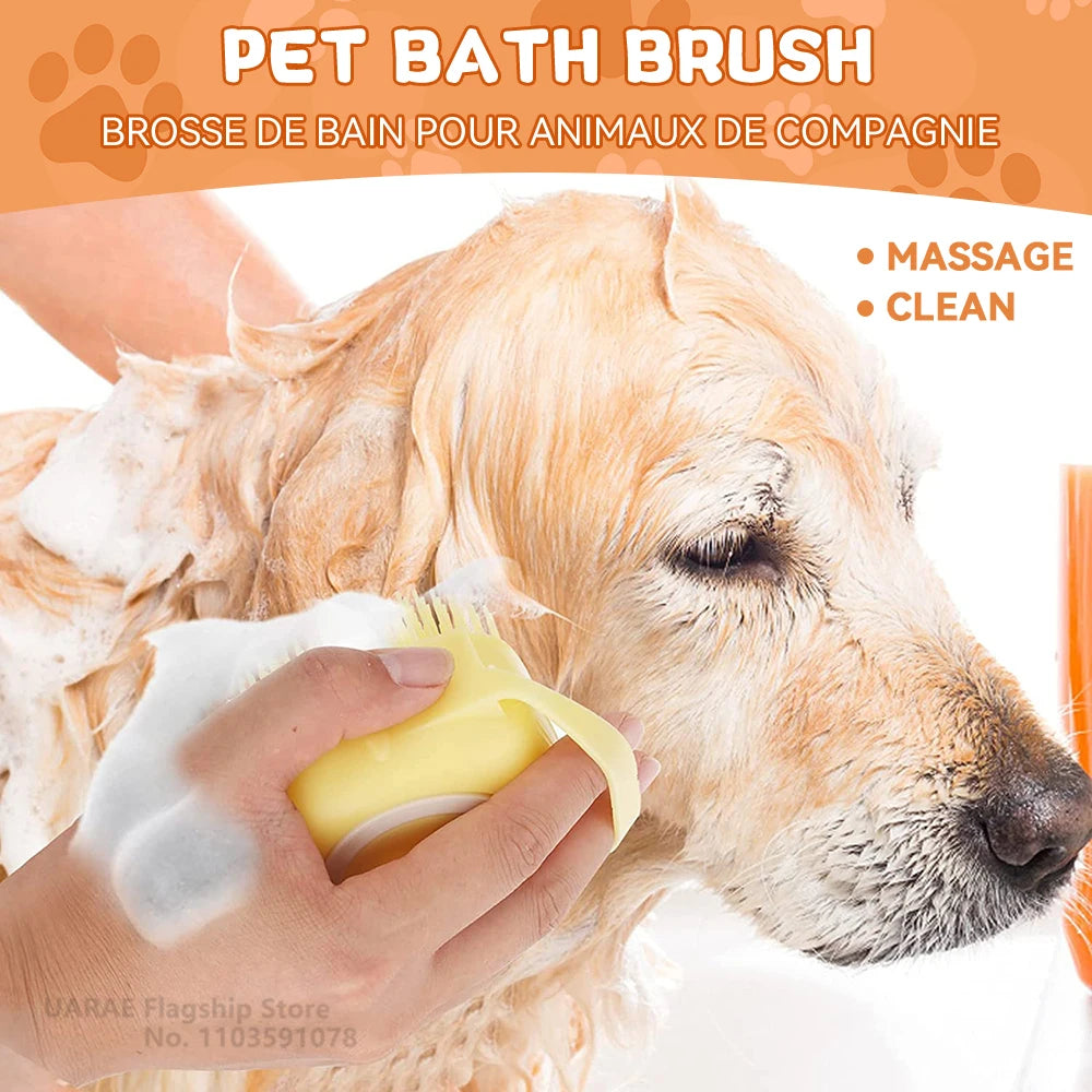 Dog & Cat Bath Brush 🛁🐶 Soft Silicone Grooming Brush + Shampoo Dispenser