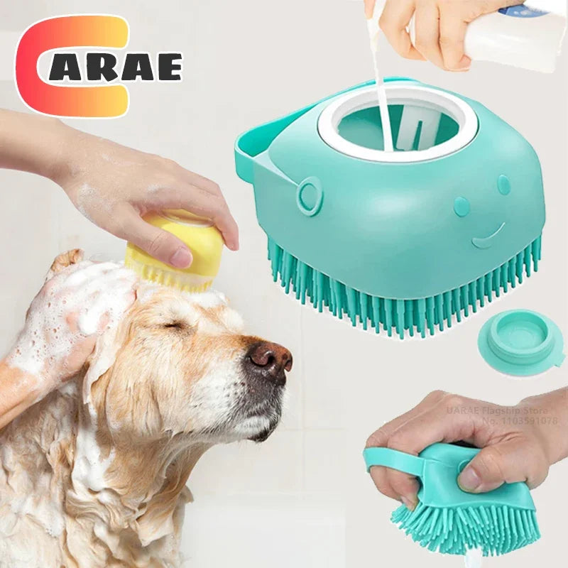 Dog & Cat Bath Brush 🛁🐶 Soft Silicone Grooming Brush + Shampoo Dispenser