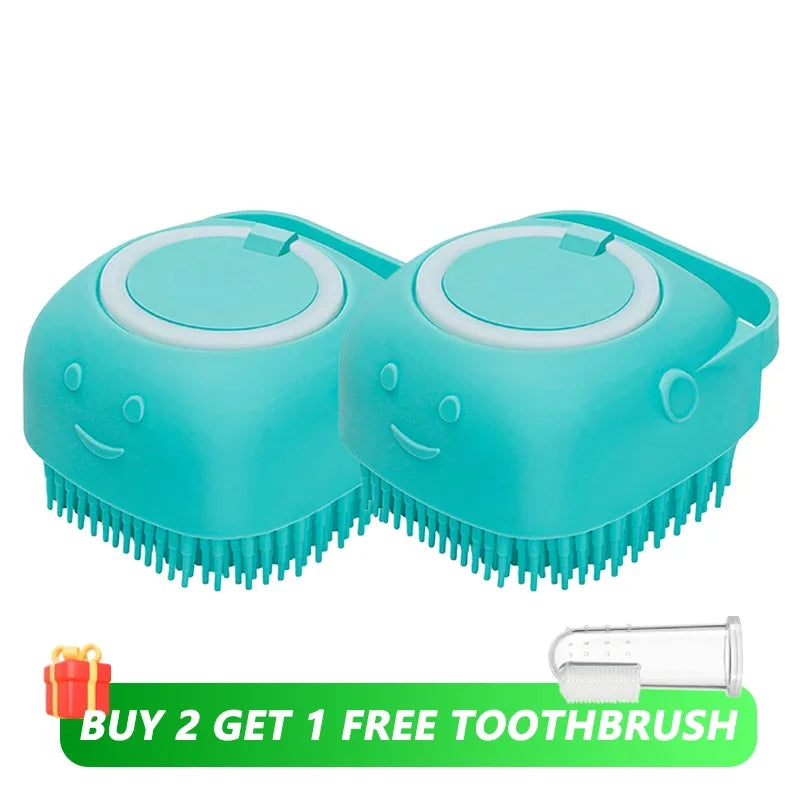Dog & Cat Bath Brush 🛁🐶 Soft Silicone Grooming Brush + Shampoo Dispenser