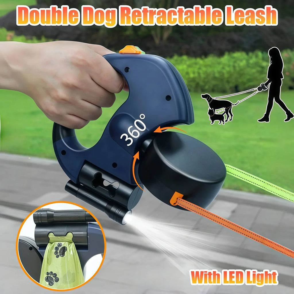 3M Double Retractable Dog Leash 🐶🐶✨ No-Tangle 360° Swivel + LED Light