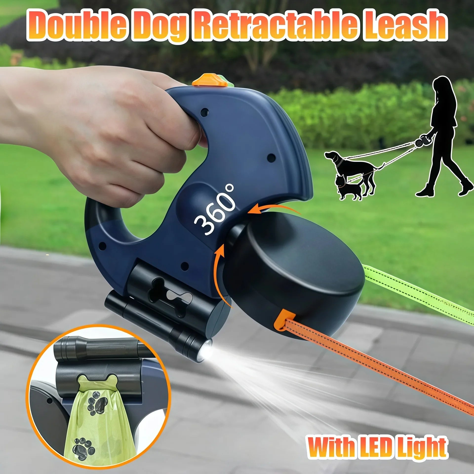 3M Double Retractable Dog Leash 🐶🐶✨ No-Tangle 360° Swivel + LED Light