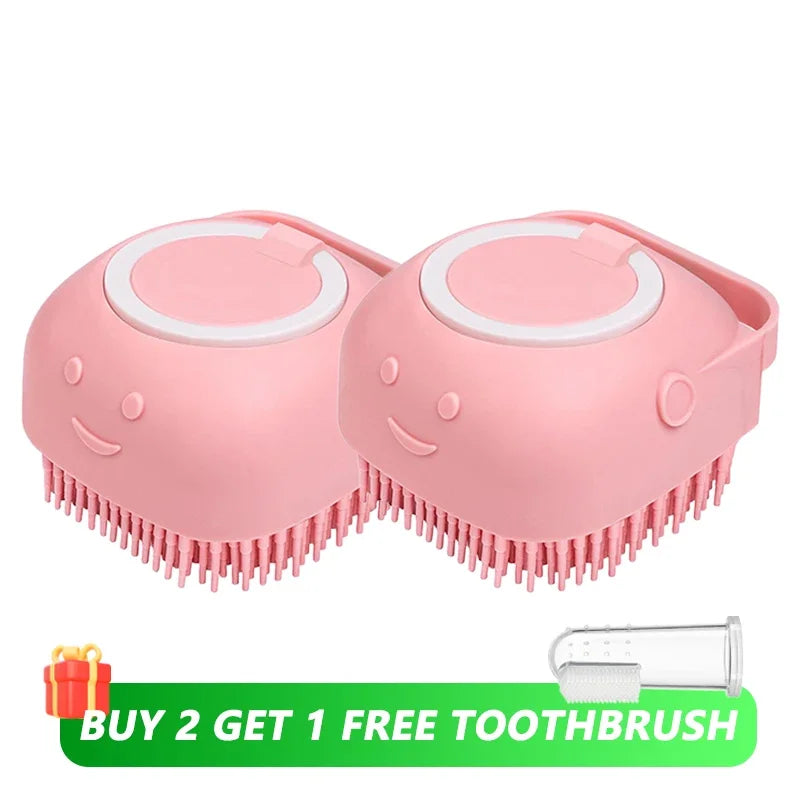 Dog & Cat Bath Brush 🛁🐶 Soft Silicone Grooming Brush + Shampoo Dispenser